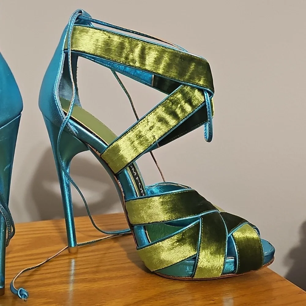 Tom Ford Teal and Lime Green Satin Strappy High Heel Sandals - Picture 5 of 13